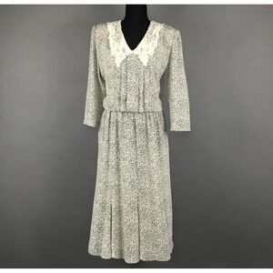 Vintage Liz Roberts Dress Womens Black White Lace Collar Lined Yoked Skirt 80s